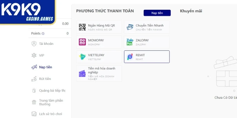 Những phương thức nạp tiền phổ biến tại K9K9